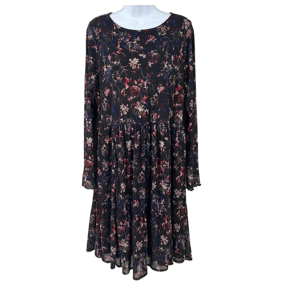 Torrid Babydoll Dress Womens 1 Black Dark Floral Mesh Tiered Whimsigoth Ethereal